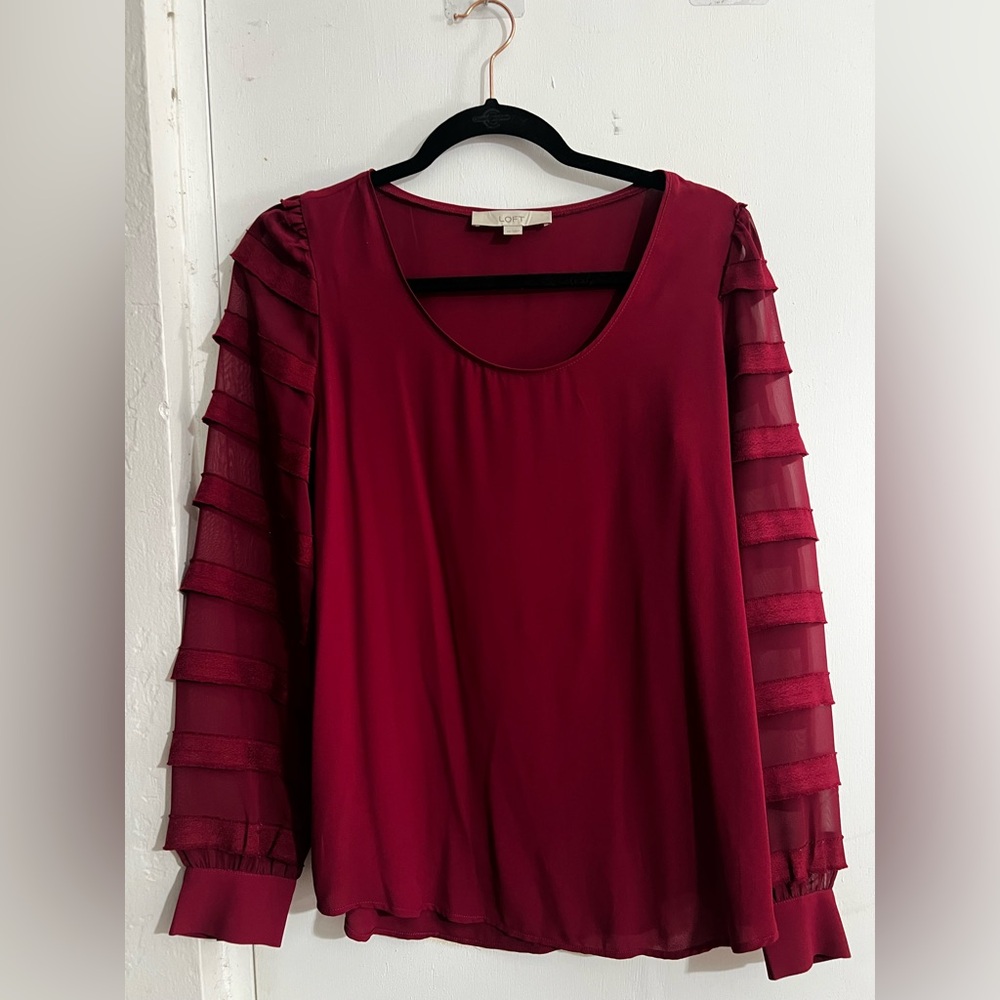 LOFT Burgundy Sheer Sleeve Blouse
